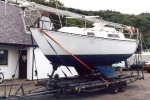A twin bilge keel yacht being towed frim Inverkip Marina to Dover - click to enlarge